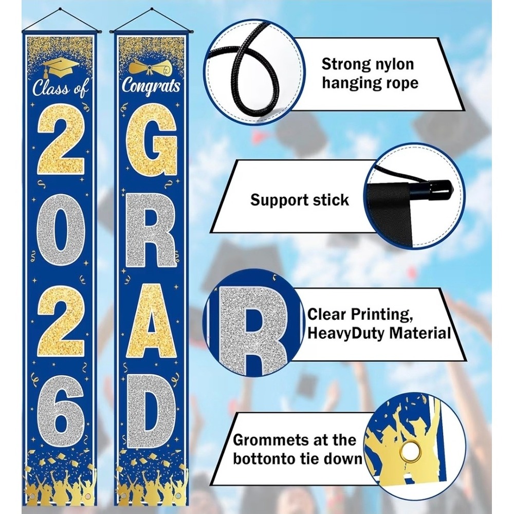 Graduation 71x12 Porch Banner Set Unisex Blue Gold Class of 2026 Decor - Picture 3 of 3